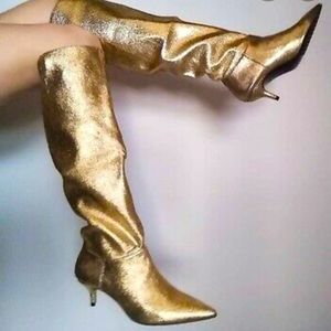 ZARA KITTEN HEEL GOLD SLOUCHY STRETCH GLAM BOOTS!!! New without tags .